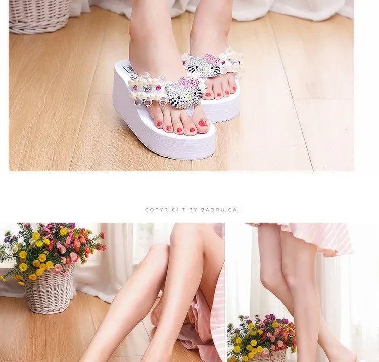 Sanrio Hello Kitty Soft Flip Flop Sandals Y2K Beach Slides Shoes Women Casual Wedge High Heels Platform For Slippers Ladies Gift