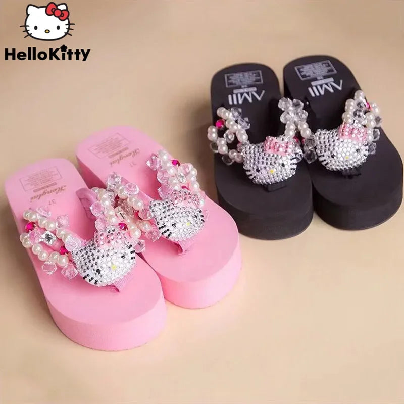 Sanrio Hello Kitty Soft Flip Flop Sandals Y2K Beach Slides Shoes Women Casual Wedge High Heels Platform For Slippers Ladies Gift